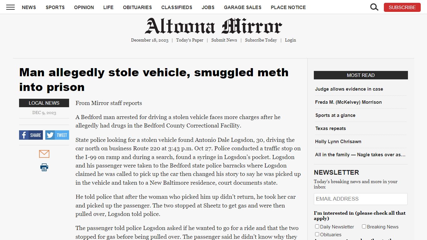 Man allegedly stole vehicle, smuggled meth into prison